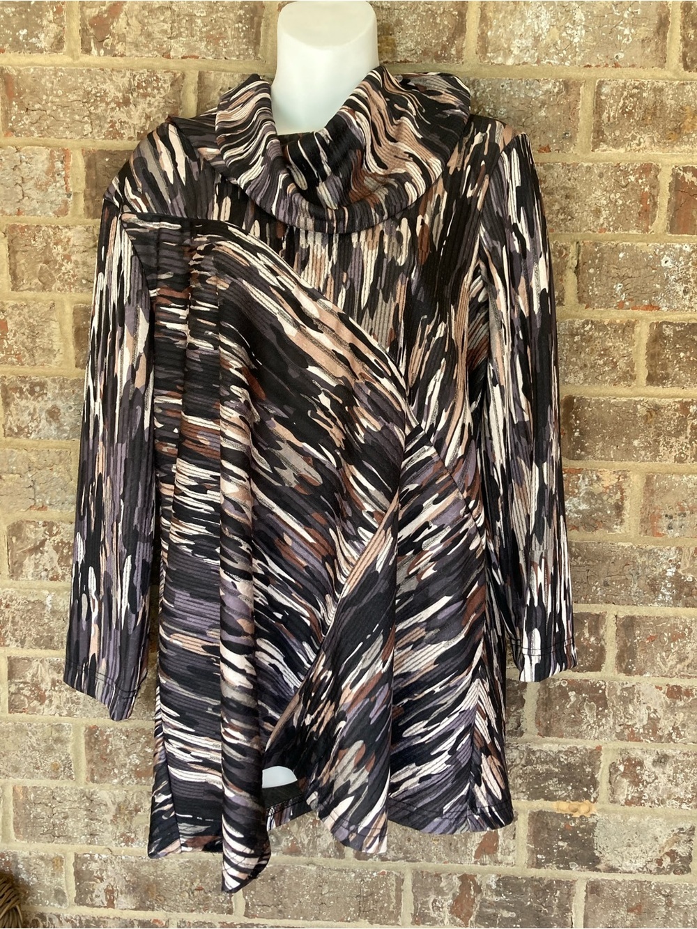 Ali Miles Multicolor Abstract Cowl Neck LS Tunic Top Blouse - L - Metallic